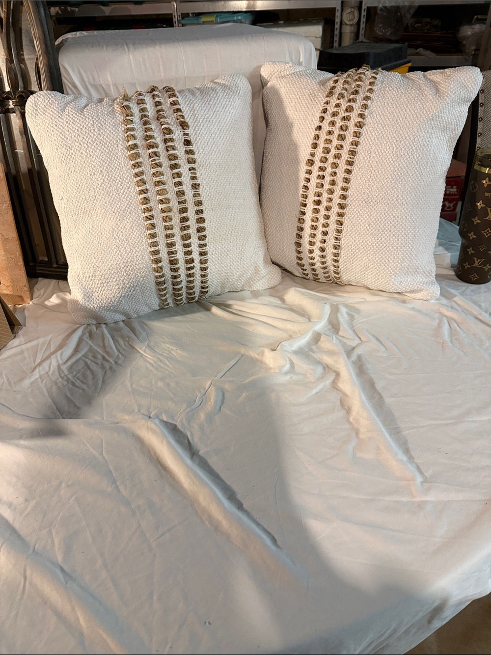 Textured White Throw Pillow with Hemp Jute Accent - Set of 2